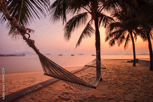 cradle hanging on coconut tree against beautiful sun rising sky © stockphoto mania