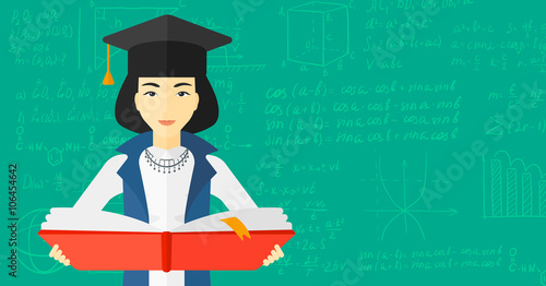 Woman in graduation cap holding book.