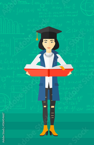 Woman in graduation cap holding book.