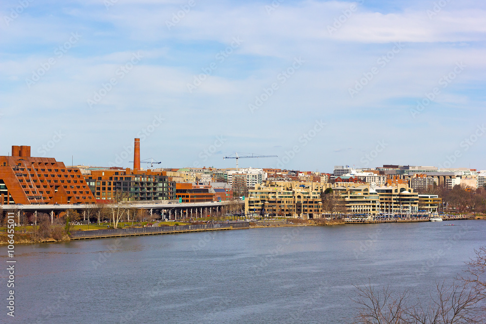 Georgetown Park and Potomac Waterfront panorama in Washington DC, USA. Georgetown suburb area near Potomac River on a spring day.