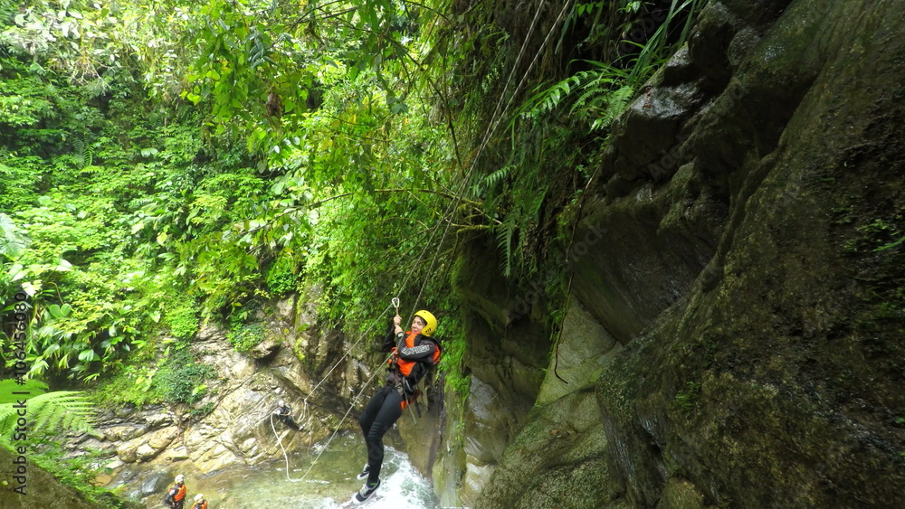 Experience the thrill of young tourist women on a zipline in Ecuadorian canyoning adventure,captured in stunning fixed camera footage at Llanganates National Park. Experience the thrill of young tourist women on a zipline in Ecuadorian canyoning adventure,captured in stunning fixed camera footage at Llanganates National Park.
