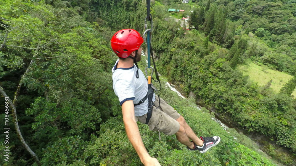 grown human riding a zipline cablemounted camera footage with audio