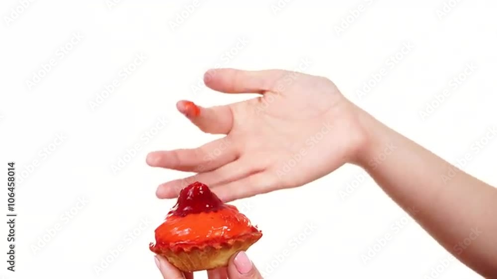 Woman hand holds cake strawberry cupcake 4K Woman hand holds cake strawberry cupcake 4K