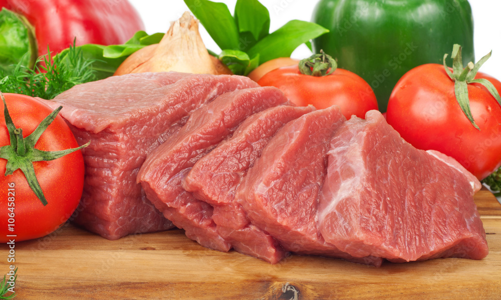 closeup fresh raw beef meat slices with vegetables closeup fresh raw beef meat slices with vegetables