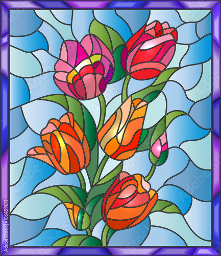 Illustration in stained glass style with tulips  buds and leaves on a blue background