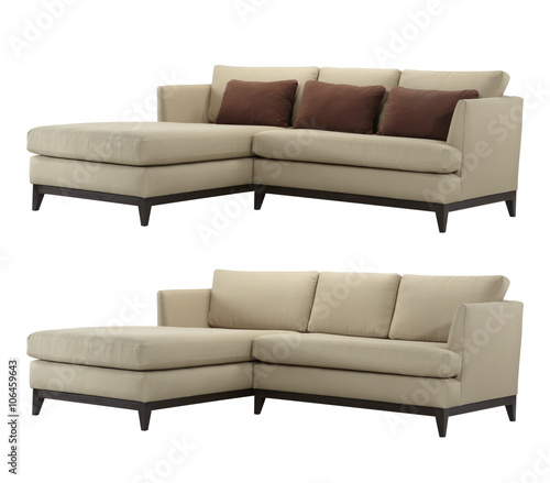 L-shaped sofa, with and without pillows isolated on white background.
