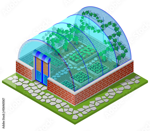 Greenhouse spring with seedling  vegetables (tomato,chilli,spinach,lettuce,radish,pumpkin,cucumber,zucchini and pepper). Isometric view. Vector illustration.