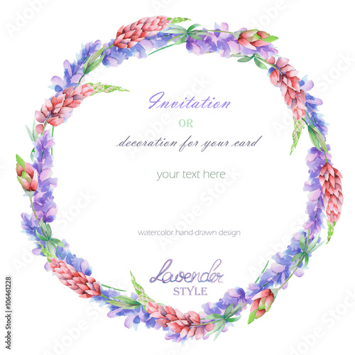 Circle frame, wreath with the floral design; elements of the lavender and pink lupine flowers, hand-drawn in a watercolor; decoration for a wedding, greeting card on a white background