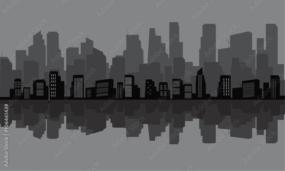 Silhouette of many tall buildings