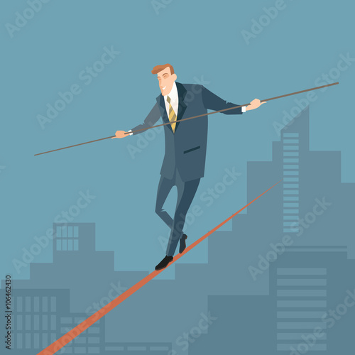 Business success. Vector illustration of a man walking on a tight belt over the big city