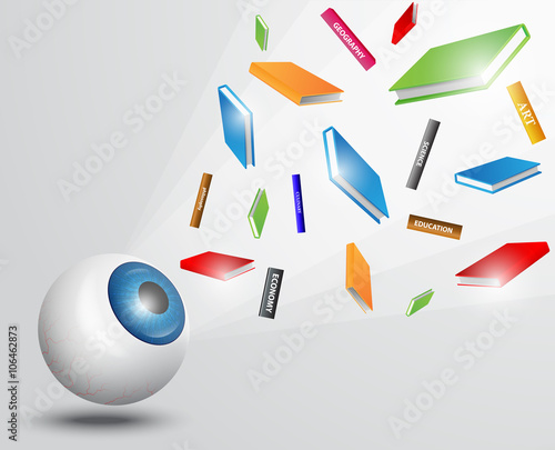 Eyeball with books. colorful books, flying books, vision concept, education concept, education idea