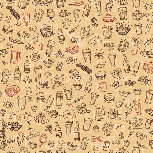 sketchy beer and snacks, seamless background
