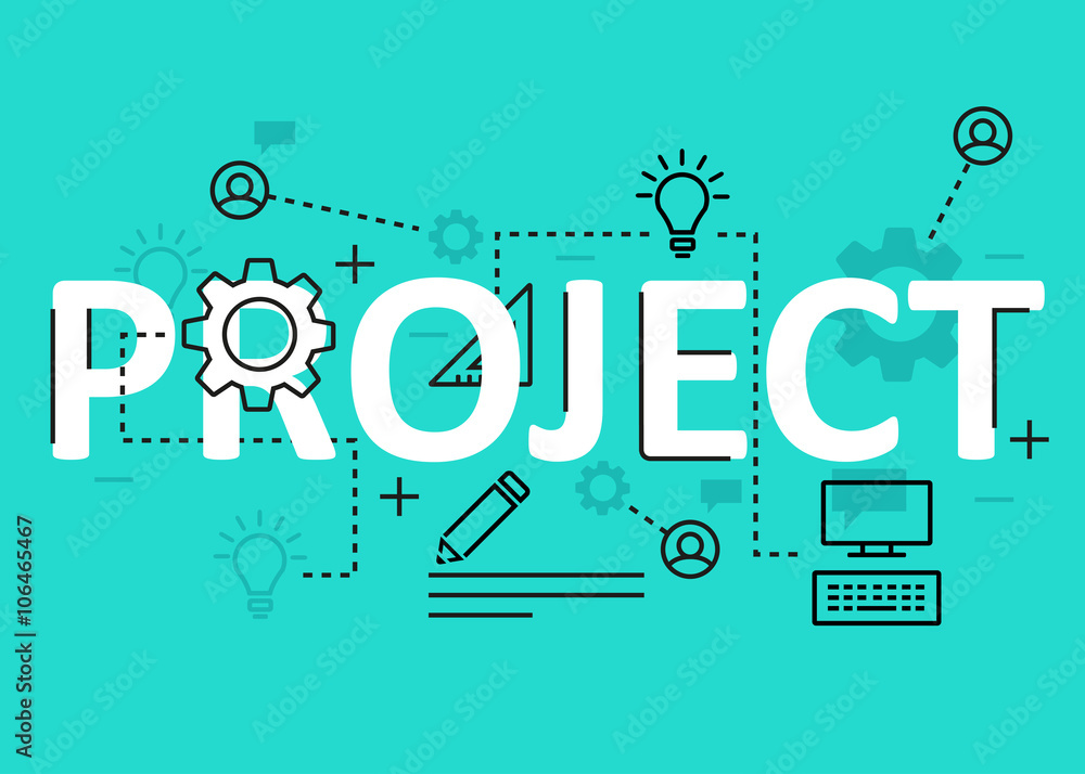 Project concept flat line design with icons and elements. Modern project concept vectors collection. Project concept lettering Project concept flat line design with icons and elements. Modern project concept vectors collection. Project concept lettering
