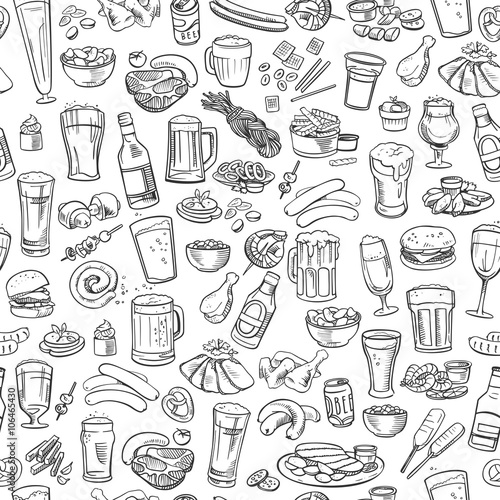 sketchy beer and snacks, seamless background