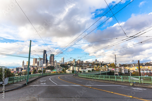 traffic on road and cityscape and skyline of seattle