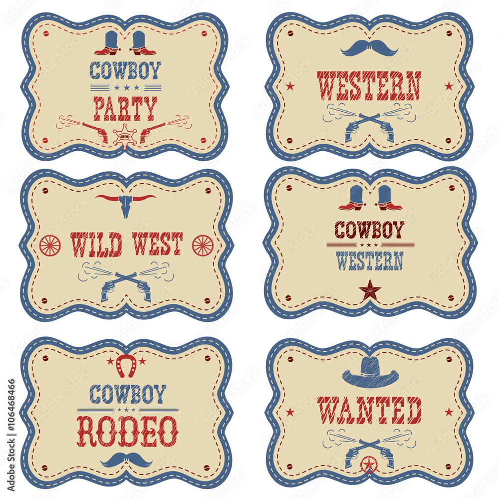 Cowboy labels isolated on white. Vector western cowboy symbols - obrazy, fototapety, plakaty 