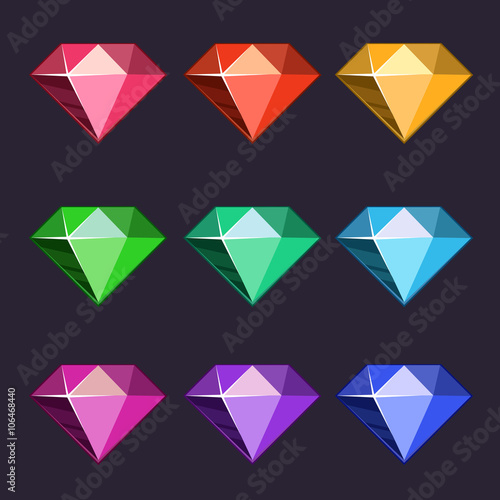 Cartoon vector diamonds icons set in different colors with different shapes