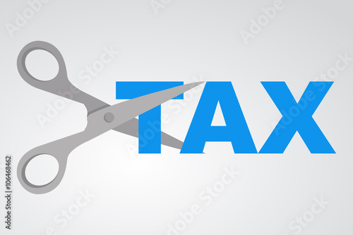 Icono plano tijeras cortando TAX color en fondo degradado