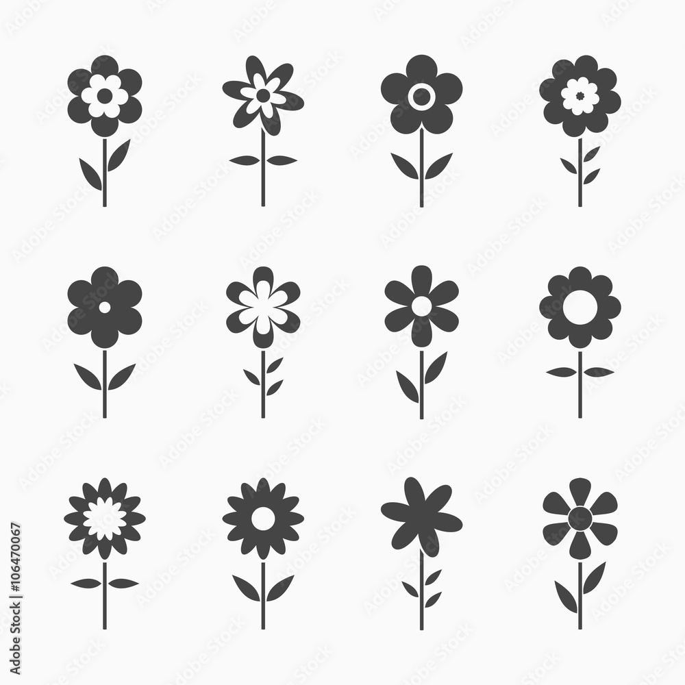 Black Flowers icons isolated on white background. Set of colorful floral icon. Flowers icons in flat dasing style Black Flowers icons isolated on white background. Set of colorful floral icon. Flowers icons in flat dasing style