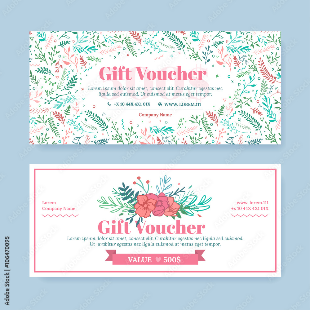 Naklejka premium Gift certificate with delicate painted flowers in boho style.