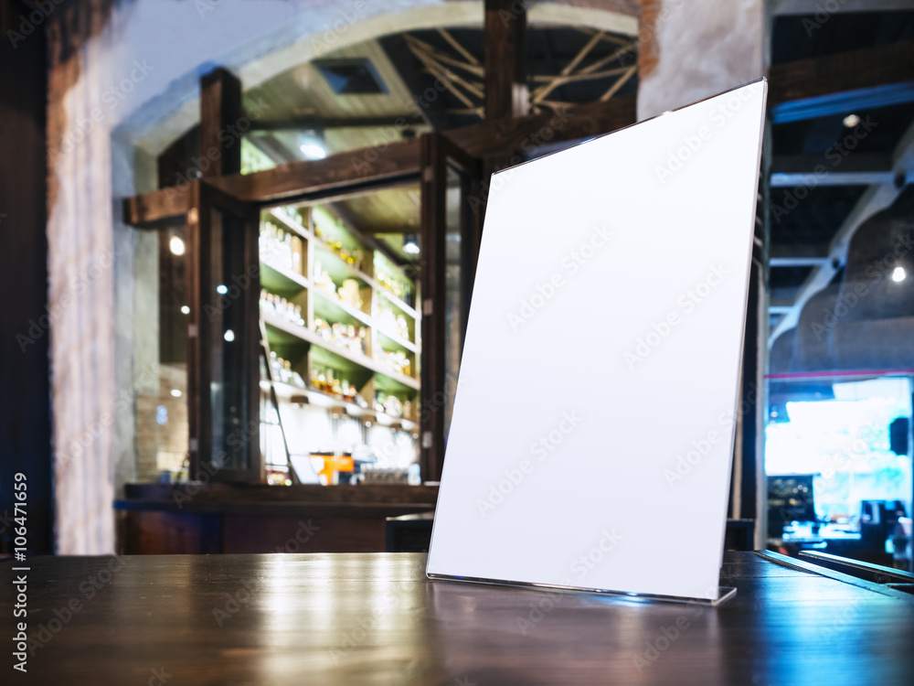 Mock up Menu frame on Table in Bar Restaurant cafe Interior Background