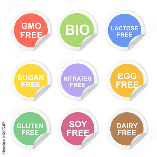 Vector food dietary labels icon set. Gluten and sugar, gmo free, nitrates and lactose, dairy and egg photo