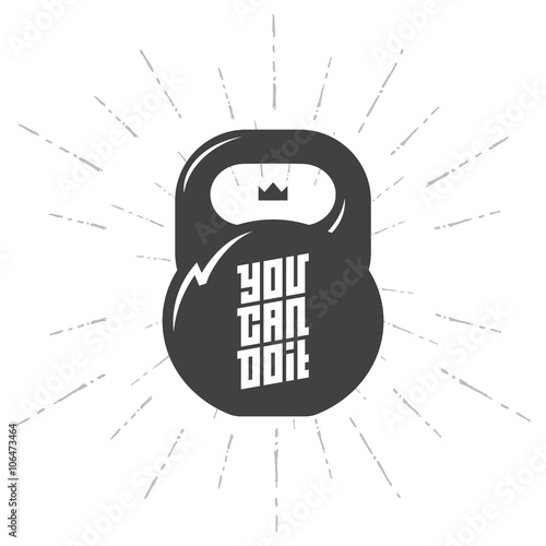 One black kettlebell on white background with motivation text -