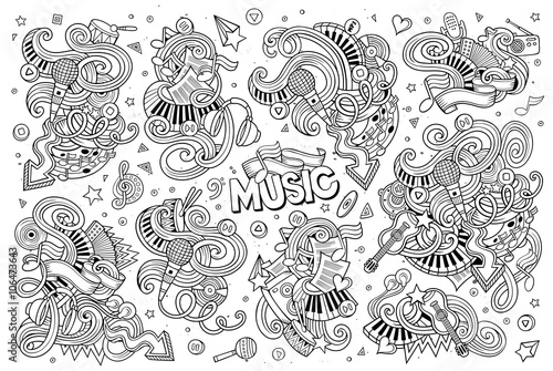 Sketchy vector hand drawn doodles cartoon set of Music objects 