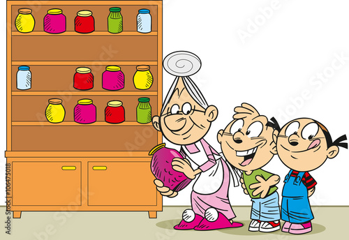 The illustration shows grandmother in an apron, she is puts in the cupboard canned goods and jam for the grandchildren