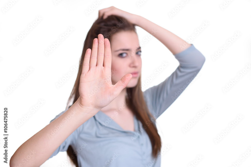 Portrait young annoyed woman giving talk to hand gesture Portrait young annoyed woman giving talk to hand gesture
