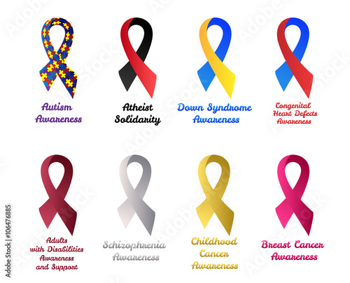 Awareness ribbons set: autism, atheist solidarity, down syndrome, congenital heart, defect, adults with disabilities support, schizophrenia, breast cancer