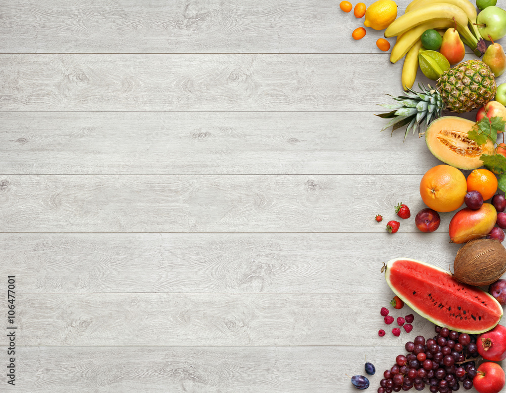 Healthy food background. Studio photo of different fruits on white wooden  table. High resolution product. Stock Photo | Adobe Stock