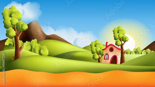 Parallax landscape cartoon seamless repeating background with additional elements