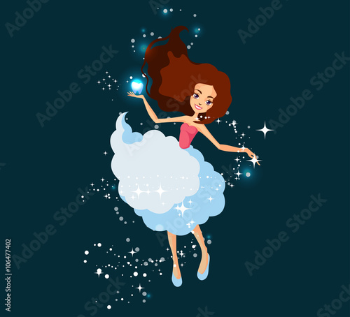Tooth fairy holding lost tooth in hand in front of stars