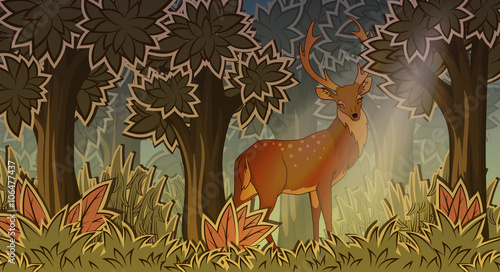 Deer in forest cartoon style vector illustration