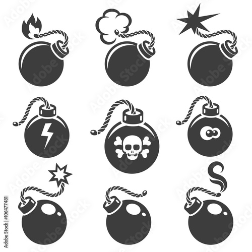 Bomb signs or bomb symbols. Bomb icon with skull and crossbones. Vector illustration