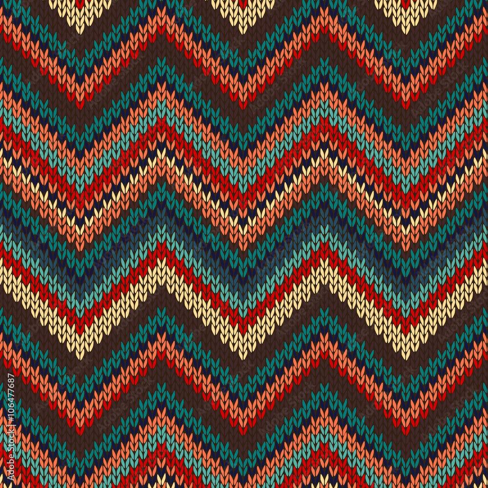 Style Seamless Knitted Pattern. Red Blue Brown Yellow Orange Col