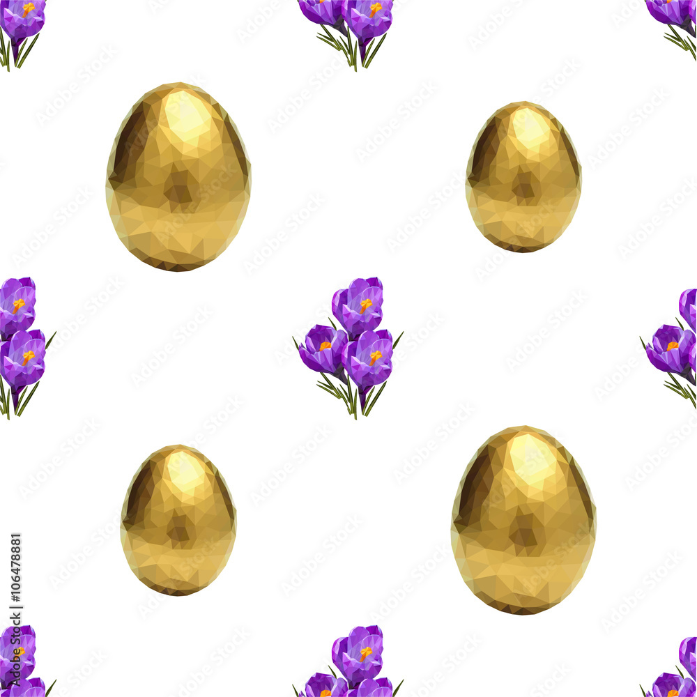 Easter seamless pattern with crocuses and gold eggs. Vector low poly illustration.