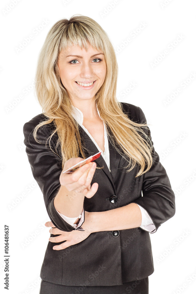 portrait of young smiling business woman holding credit card. portrait of young smiling business woman holding credit card.