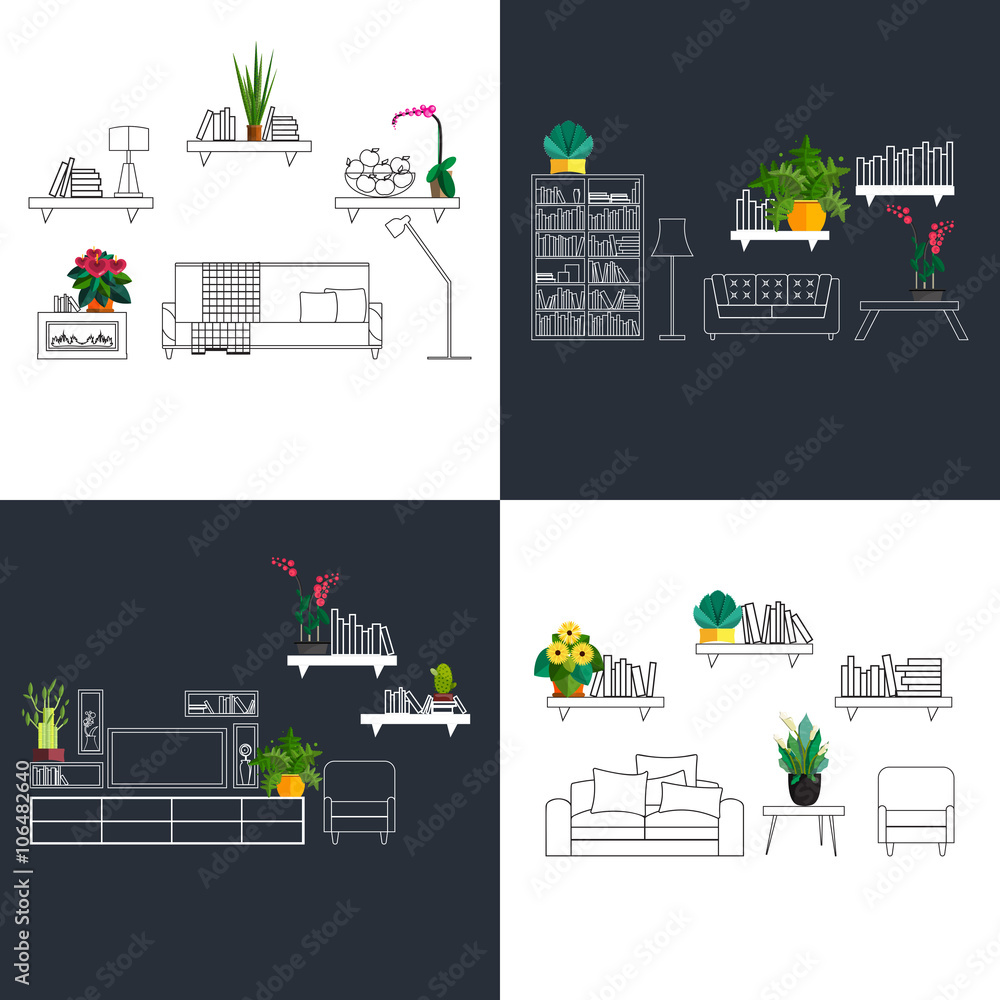 Outline interior set decorated with flat homeplant flowers.