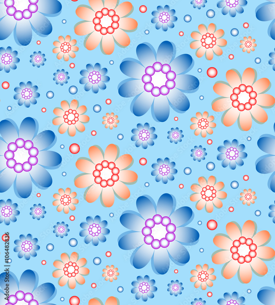 Seamless floral pattern in blue and orange colors. Blue background
