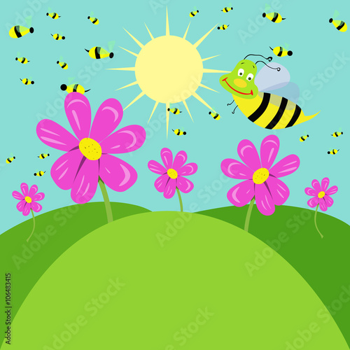 Vector illustrated colony of bees working on meadow.