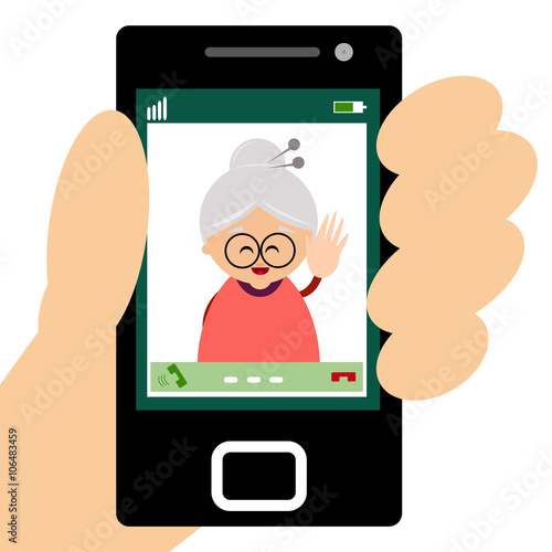 Illustration of grandmother making a video call on smartphone.