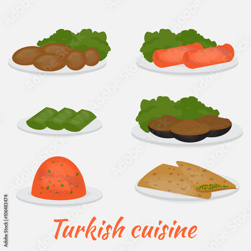 Common main and side dishes,  dolma, kisir,  patlican, gozleme and kofte. Turkish lentil salad, cutlet,  bread, stuffed eggplant andgrape leaves. Traditional food of Turkish cuisine