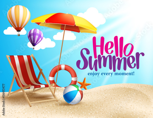 Summer Beach Vector Design in the Seashore with Beach Umbrella and Chair. Summer Background Vector Illustration for Beach Holidays
