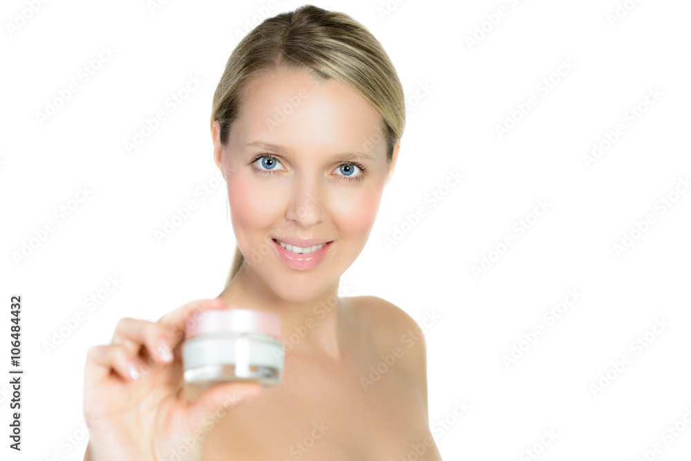 Portrait of beautiful blond woman take a cream Portrait of beautiful blond woman take a cream