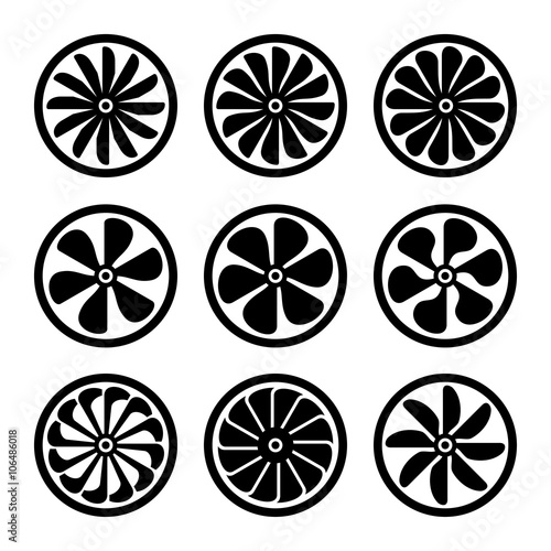 Turbines Icons Set. Turbojet Engine Power. Vector