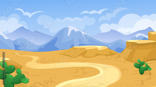 Desert With Road And Cactuses