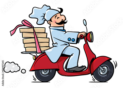 Funny pizza chef on scooter. Pizza delivery