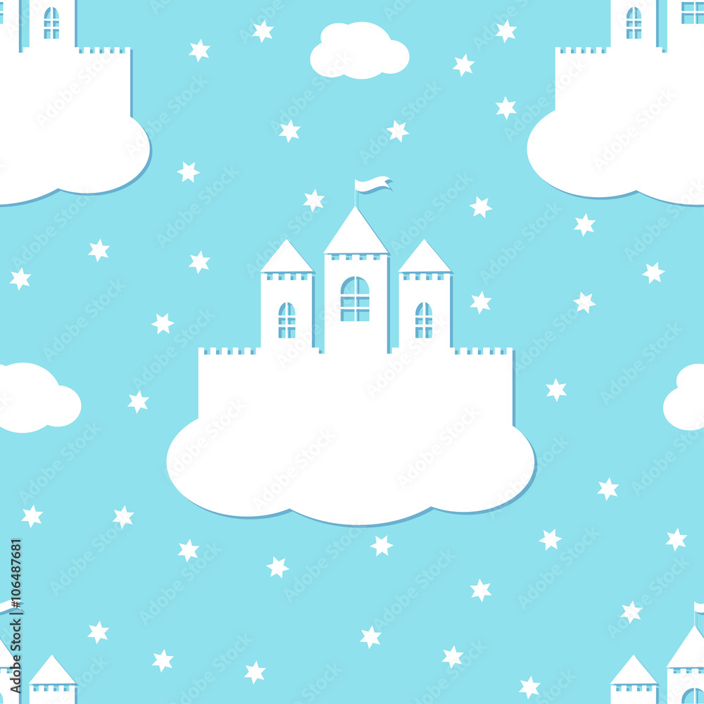 Seamless pattern with white castles on blue background. White paper castle on a cloud in paper cut style, vector format
